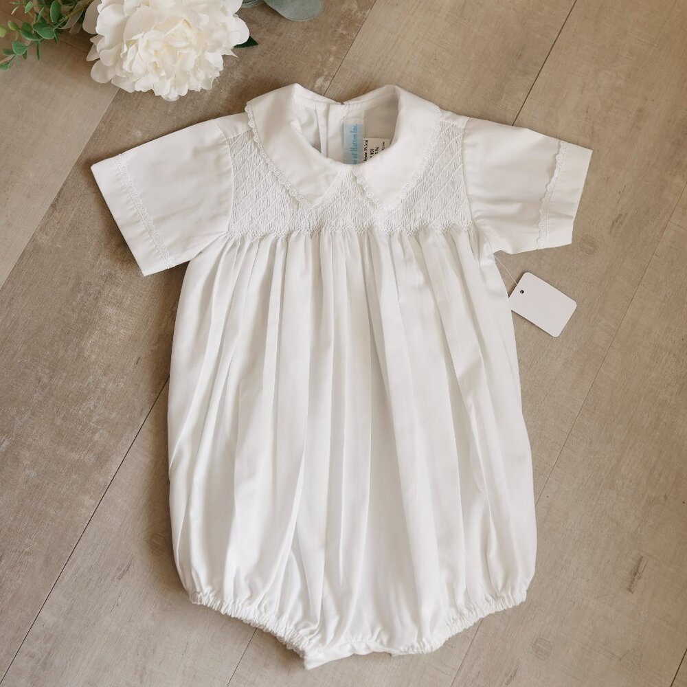 White Smocked Heirloom Creeper Romper Ring Bearer Portrait RARE FIND NWOT